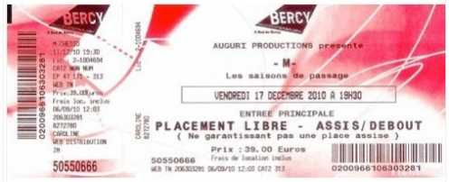 Фотоий: надувательство билеты согласия 1 PLACE POUR LE CONCERT M (CHEDID) A BERCY LE 17/1 - ZENITH
